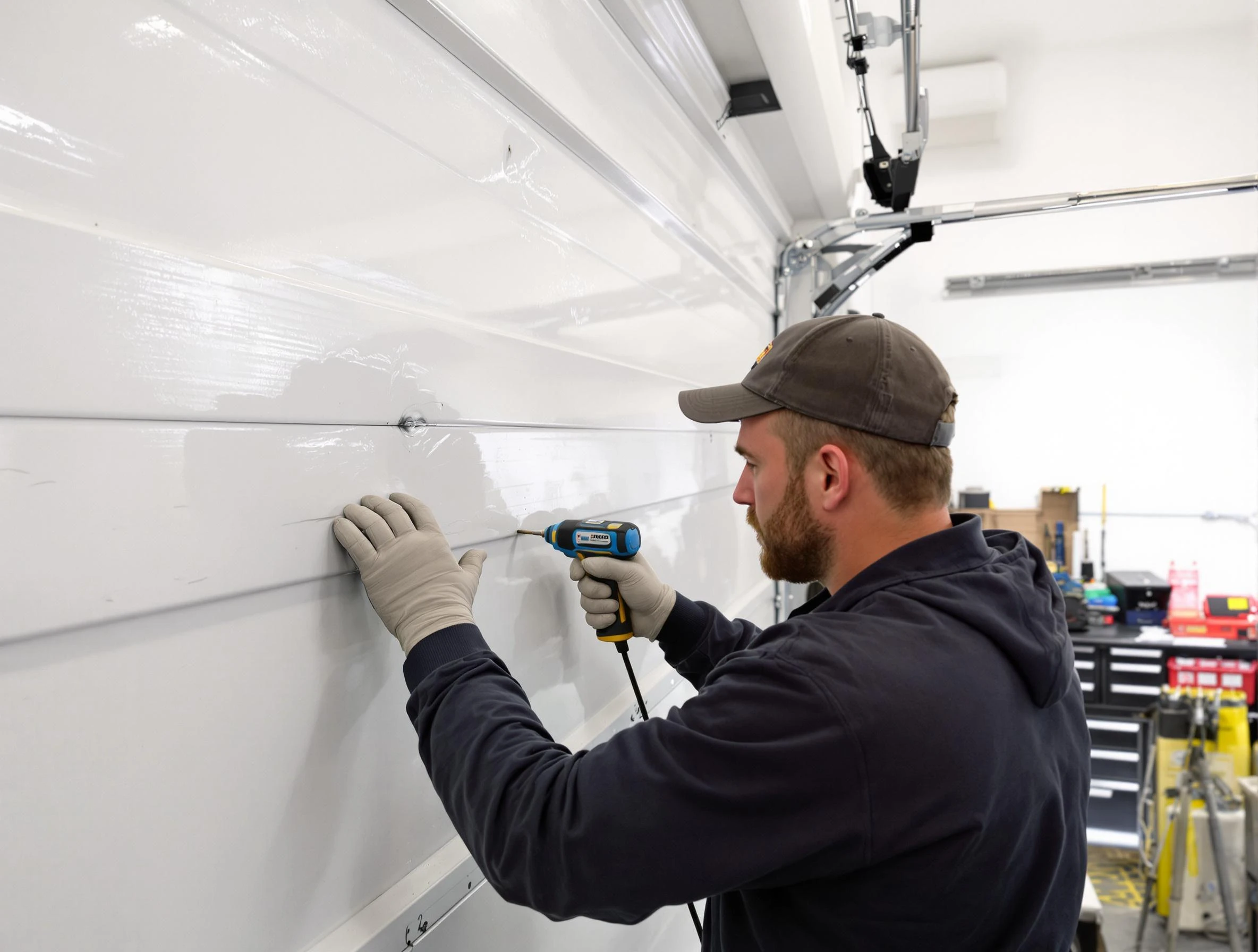 Surprise Garage Door Repair technician demonstrating precision dent removal techniques on a Surprise garage door